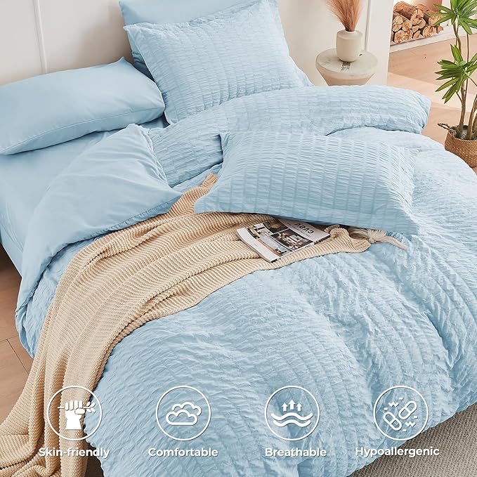 HYMOKEGE Lake Blue Duvet Cover Queen Size, Ultra Soft 3-Piece Seersucker Duvet - Image 2