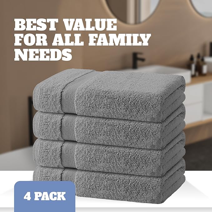 White Classic Light Gray Bath Towels 27x54 Inch, Cotton Towel Set - Image 4