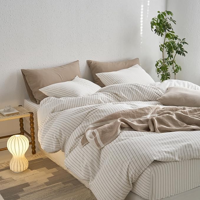 MooMee Striped Duvet Cover Set 100% Washed Cotton Linen Like Textured - Image 5
