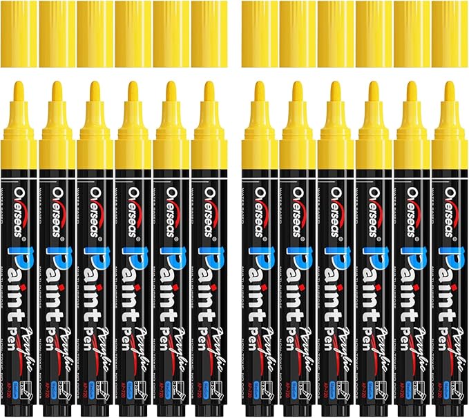 Overseas Yellow Paint Pens Paint Markers - Permanent Acrylic Markers 12 Pack, Water-Based, Quick Dry, Waterproof Marker Pen for Rock, Wood, Plastic, Metal, Canvas, Glass, Mugs. Medium Tip