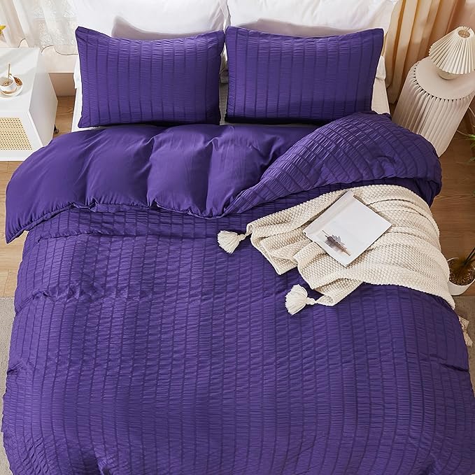 AveLom Dark Purple Duvet Cover King, 3 Pieces, Seersucker Striped Soft Washed - Image 7