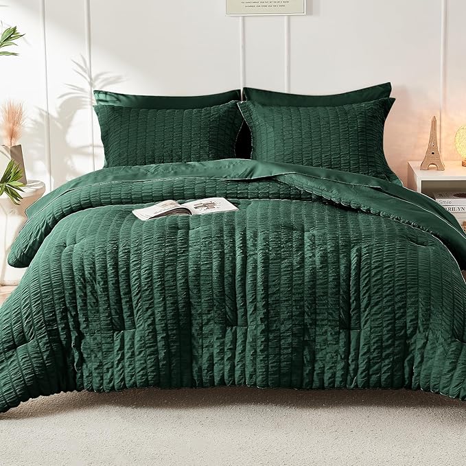 HYMOKEGE Emerald Green Twin Comforter Set Seersucker 5 Pieces, All Season - Image 9