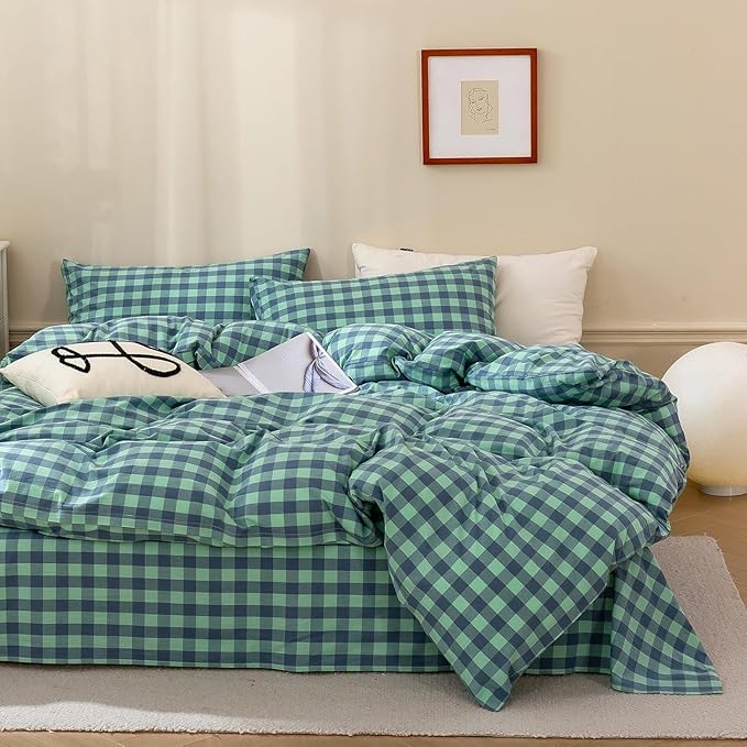 mixinni Green Gingham Grid Duvet Cover Full, 100% Washed Cotton Modern - Image 2