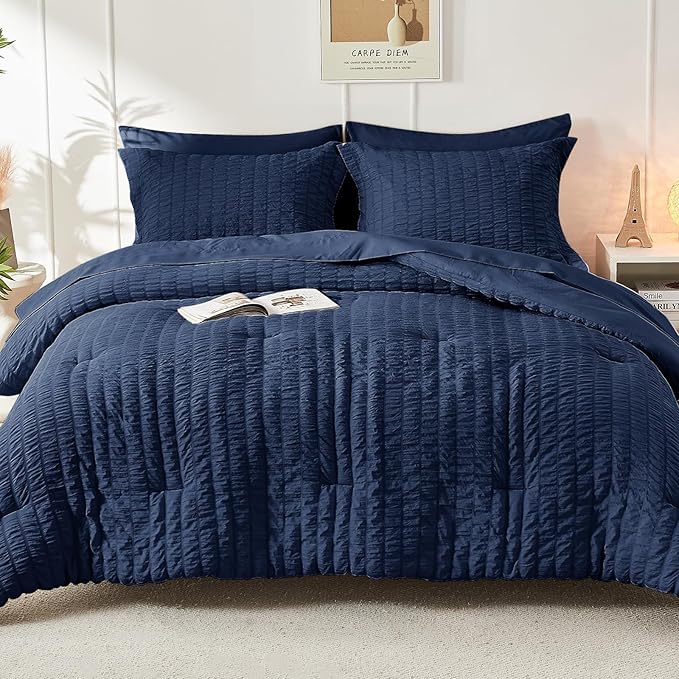 HYMOKEGE Navy Blue Twin Comforter Set Seersucker 5 Pieces, All Season Luxury - Image 9