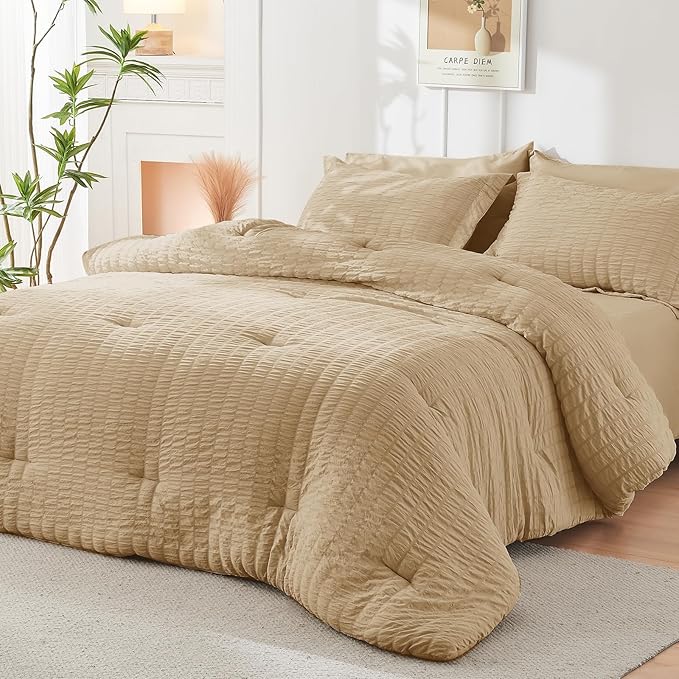 HYMOKEGE Khaki Full Size Comforter Sets Seersucker 7 Pieces, All Season Luxury - Image 8