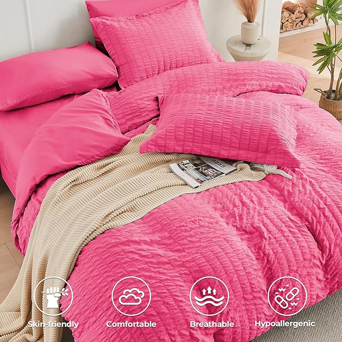 HYMOKEGE Hot Pink Twin XL Comforter Set Seersucker 5 Pieces, All Season Luxury - Image 3
