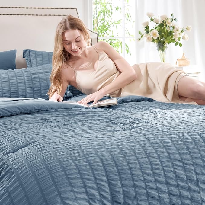 CozyLux Queen Comforter Set Grayish Blue Seersucker 7 Pieces Bed in a Bag Queen - Image 3