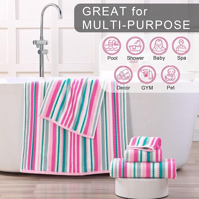 VOOVA & MOVAS Pink Soft Washcloths Set, Wash Cloth 13" x13, Striped Absorbent - Image 4