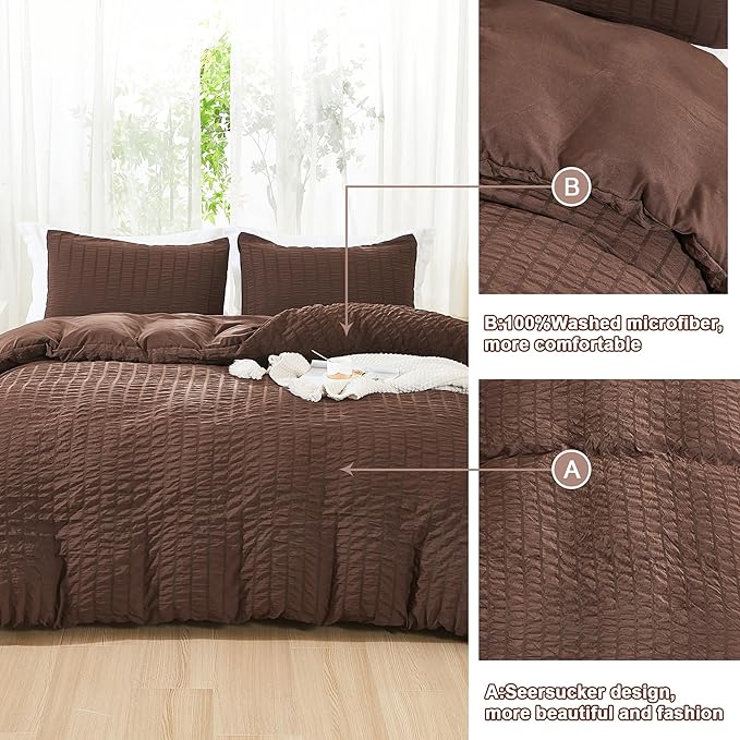 AveLom Brown Duvet Cover King, 3 Pieces, Seersucker Striped Soft Washed - Image 5