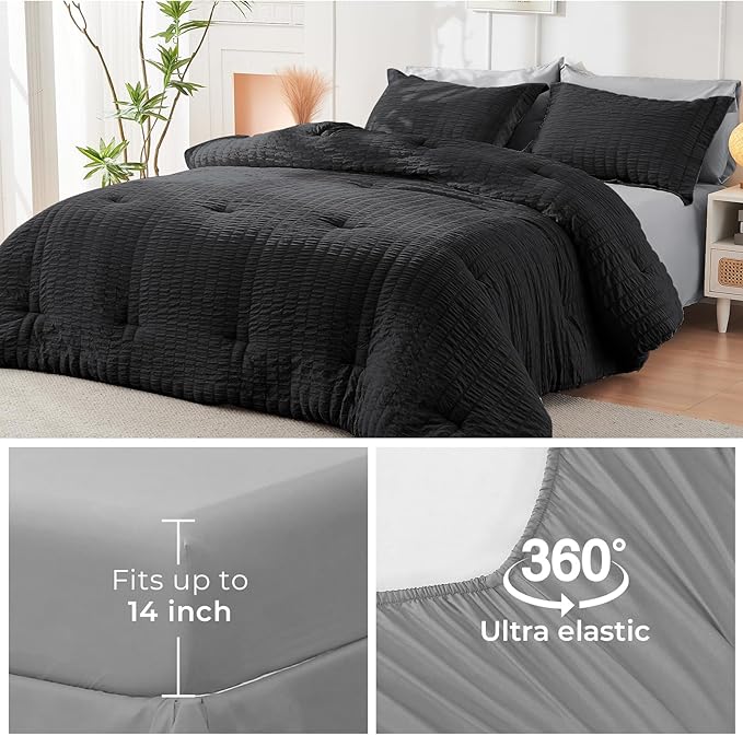 HYMOKEGE Black/Light Grey Queen Comforter Set Seersucker 7 Pieces, All Season - Image 6