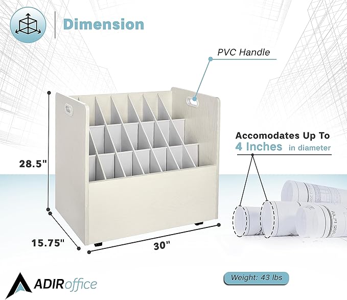 AdirOffice Adir Blue Print Storage Organizer - Mobile Roll File Cart, Construction Plan Holders, Blueprint Cabinet with Wheels, Roll Files Storage for Office and Home (21 Slots, White)