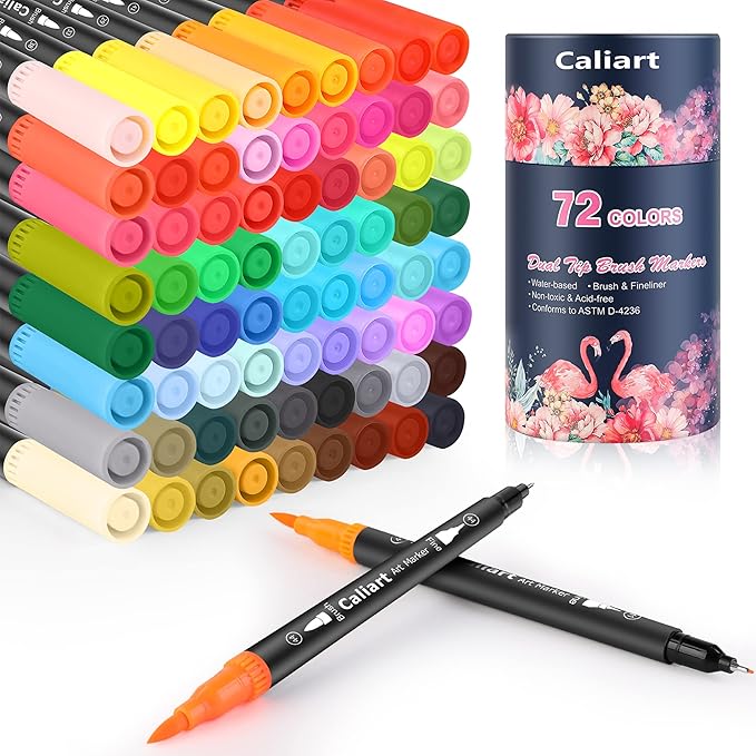 Caliart 72 Colors Double Tip Brush Pens Art Markers, Artist Fine & Brush Pen Coloring Markers for Adult Book Cards Drawing Craft Kit Teacher Office Supplies