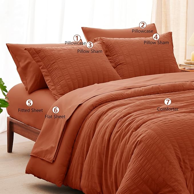 CozyLux Queen Comforter Set Burnt Orange Seersucker 7 Pieces Bed in a Bag Queen - Image 8