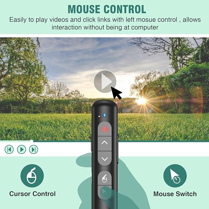 Wireless Presentation Clicker with Air Mouse Function - Rechargeable RF 2.4GHz USB Slide Clicker for Powerpoint, Mac, Laptop, Computer