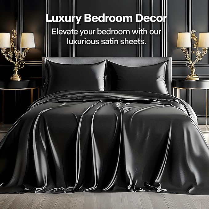 BEDELITE Satin Sheets Queen Size Bed Set, Luxury Soft Black Silky Sheets - Image 2