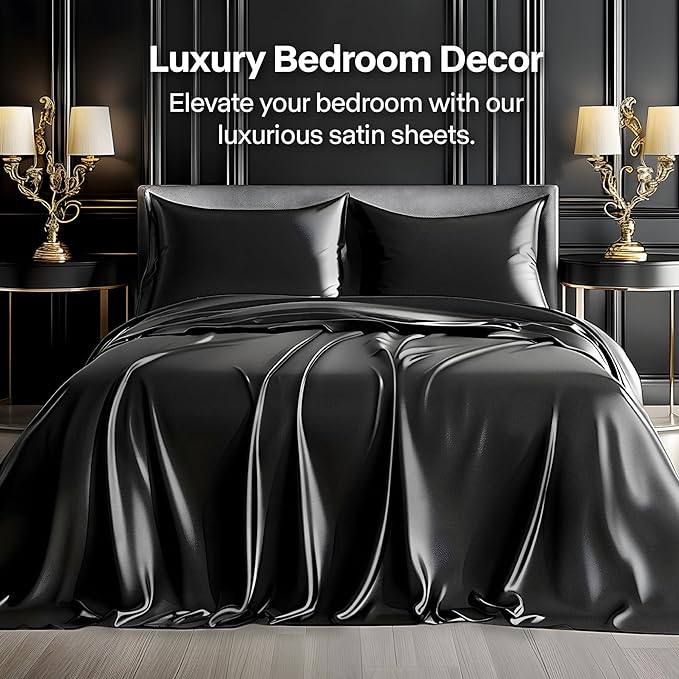 BEDELITE Satin Sheets Twin Size Bed Set, Luxury Soft Black Silky Sheets - Image 2