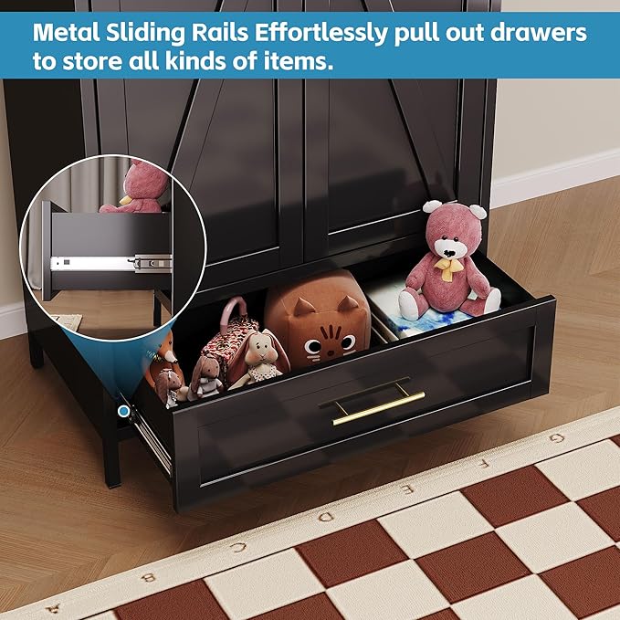 SUPEER Metal Wardrobe Cabinet with 1 Drawer and Hanging Rod, 70.9" H Metal Armoire Wardrobe Closet with Adjustable Shelf for Bedroom, Laundry Room, Home,Office,Installation Required,Black