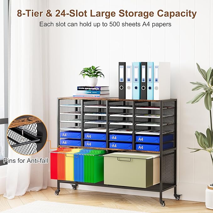 EasyPAG Rolling File Cart with 24 Slot Mail Organizer, Under Desk Storage with Hanging File Rack for Letter/Legal Folders, Mobile Filing Cabinet Printer Stand for Office Home Classroom, Black