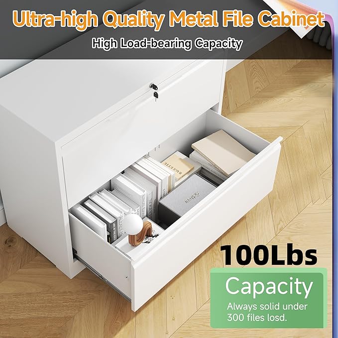 LONGLINK 2 Drawer Lateral File Cabinets with Lock,Metal Filing Cabinet for Home Office,Wide Office Storage Cabinet with Hanging Bars for A4 Legal/Letter Size(White-Easy Assembly)