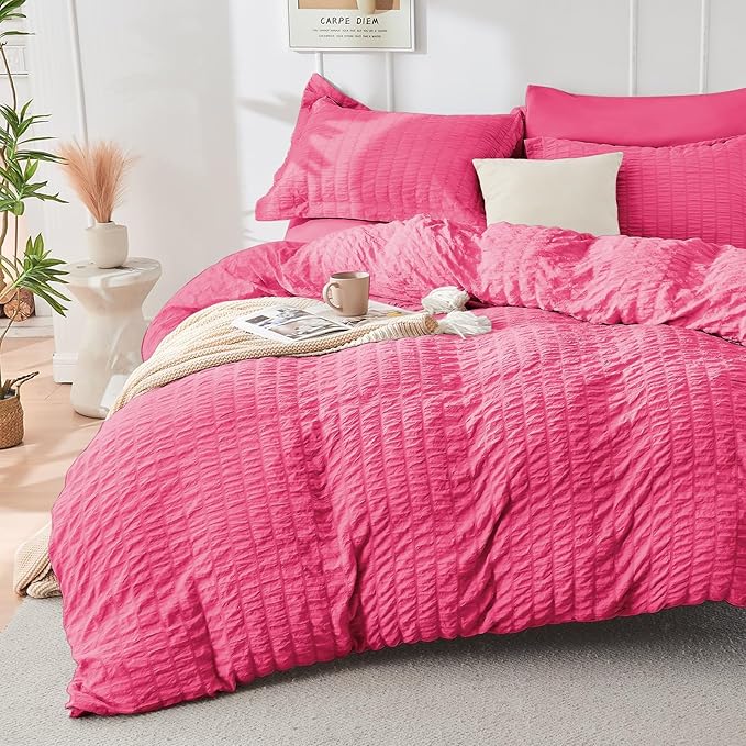 HYMOKEGE Hot Pink California King Comforter Set Seersucker 7 Pieces, All Season - Image 2