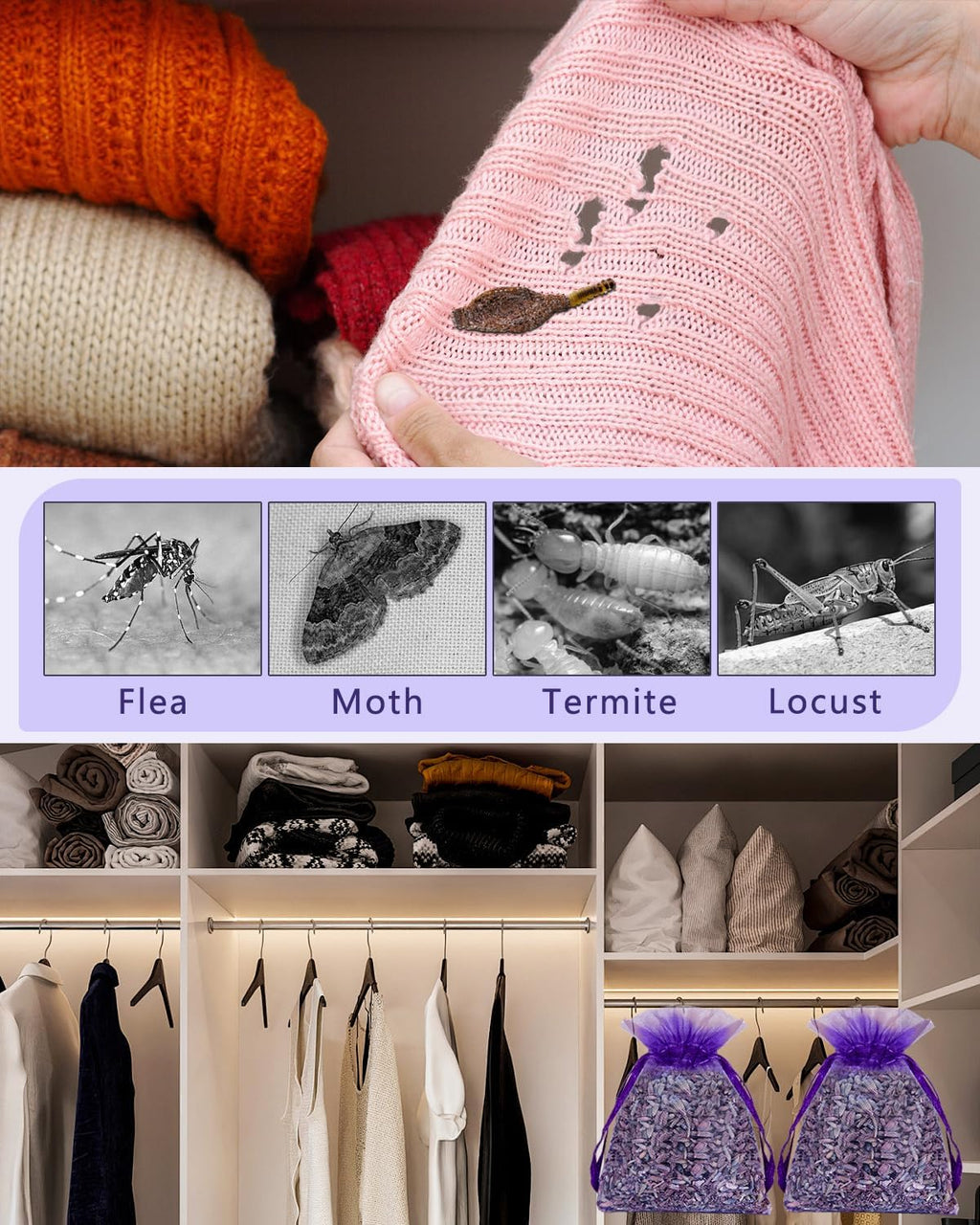 20 Pack Lavender Sachet Bags, 100% Natural French Dried Lavender Sachets for Drawers and Closets, Strong Smell Fragrance Fresh Scents Home