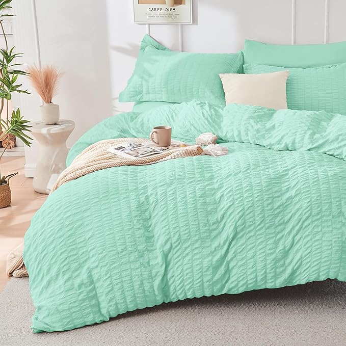 HYMOKEGE Mint Green Full Size Comforter Sets Seersucker 7 Pieces, All Season - Image 2