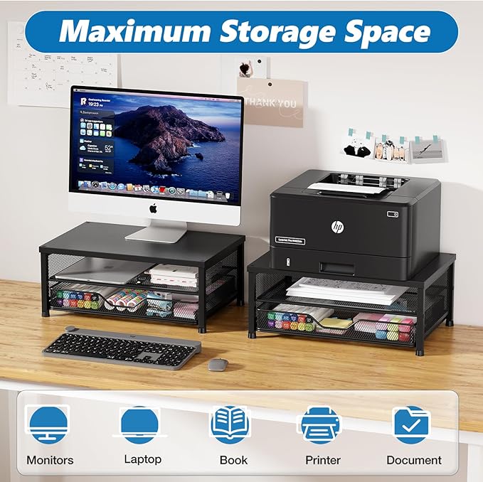 OPNICE Computer Monitor Stand Riser, Desk Organizer with Drawer, Laptop Stand, Office Desk Accessories & Workspace Desktop Organizers Storage for Office Supplies(Black)