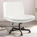 PUKAMI Criss Cross Chair with Wheels,Armless Cross Legged Office Desk Chair,PU Leather Modern Swivel Height Adjustable Wide Seat Computer Task Vanity Chair for Home Office(White)