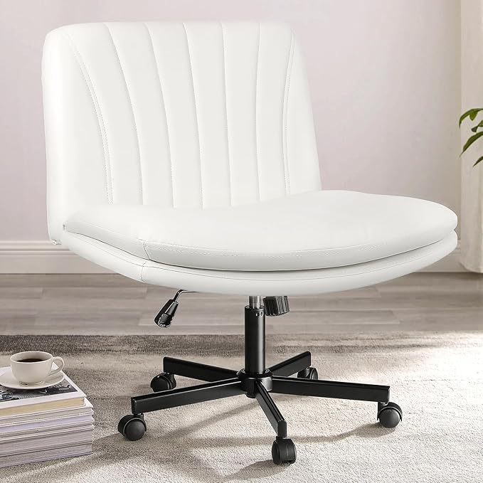 PUKAMI Criss Cross Chair with Wheels,Armless Cross Legged Office Desk Chair,PU Leather Modern Swivel Height Adjustable Wide Seat Computer Task Vanity Chair for Home Office(White)