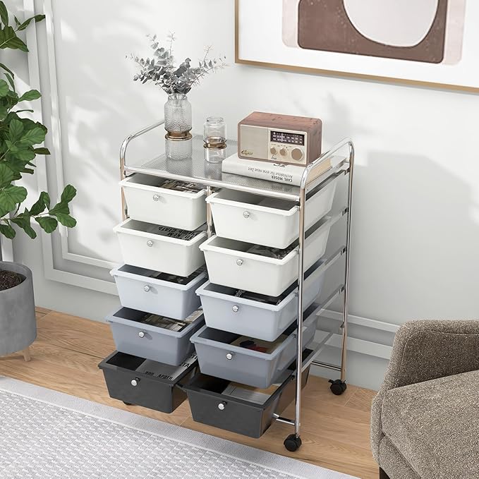 HAPPYGRILL 10-Drawer Rolling Storage Cart, Storage Organizer Cart with Lockable Wheels, Beauty Salon Movable Utility Cart for School, Office, Home, (Grey Gradient)