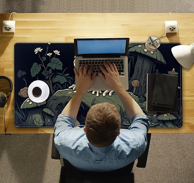 Kawaii Mushroom Cute Frog Desk Mat Anime Gaming Mouse Pad Dark Green Forest Mousepad XXL, Large Extended Laptop Keyboard Mouse Mat Desk Pad 31.5x15.75 in, Non-Slip Rubber Base with Stitched Edges