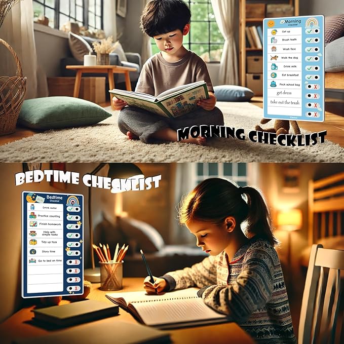2PCS Magnetic Visual Chore Chart for Kids, Schedule Checklist for Kids, Kids to Do Task (1 Morning Checklist Boards, 1 Bedtime Checklist Boards) (Blue)