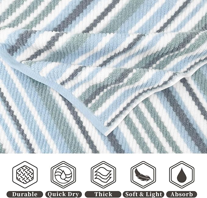 Blue Striped Bath Towels Set of 4, 100% Cotton, Lightweight, Super Soft & - Image 2