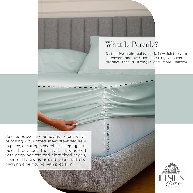 Linen Home 100% Cotton Percale Sheets King Size, Pastel Turk, Deep Pocket - Image 4