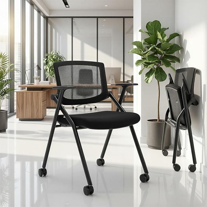 BROBRIYO 2 Pack Stackable Conference Room Chairs with Wheels and Paddle, Ergonomic Mesh Back and Arms for Meeting, Conference, Reception, Training Room & Home Office Desk Folding Chairs
