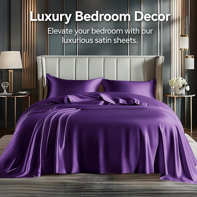 BEDELITE King Size Sheets Set, Luxury Soft Plum Purple Satin Sheets - Image 2