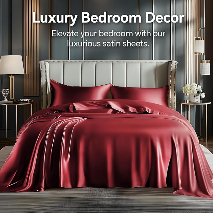 BEDELITE Satin Sheets Full Size Bed Set, Luxury Soft Burgundy Silky Sheet - Image 2