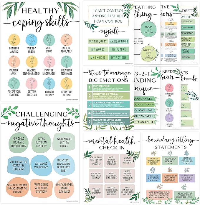 Mental Health Posters - 12 PCS (11"x14") - Coping Skills, Boundary Statements and Growth Mindset for Classroom, Therapy Office, Counseling Decor, Mental Health Gifts, School Counselor, Psych Supplies