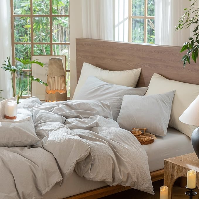 MooMee Wavy Striped Duvet Cover Set 100% Washed Cotton Linen Like Textured - Image 4