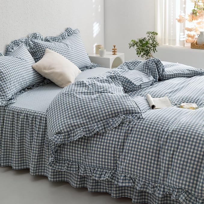 mixinni Blue White Gingham Ruffle Duvet Cover Twin Size 3 Pieces – 100% Washed - Image 2