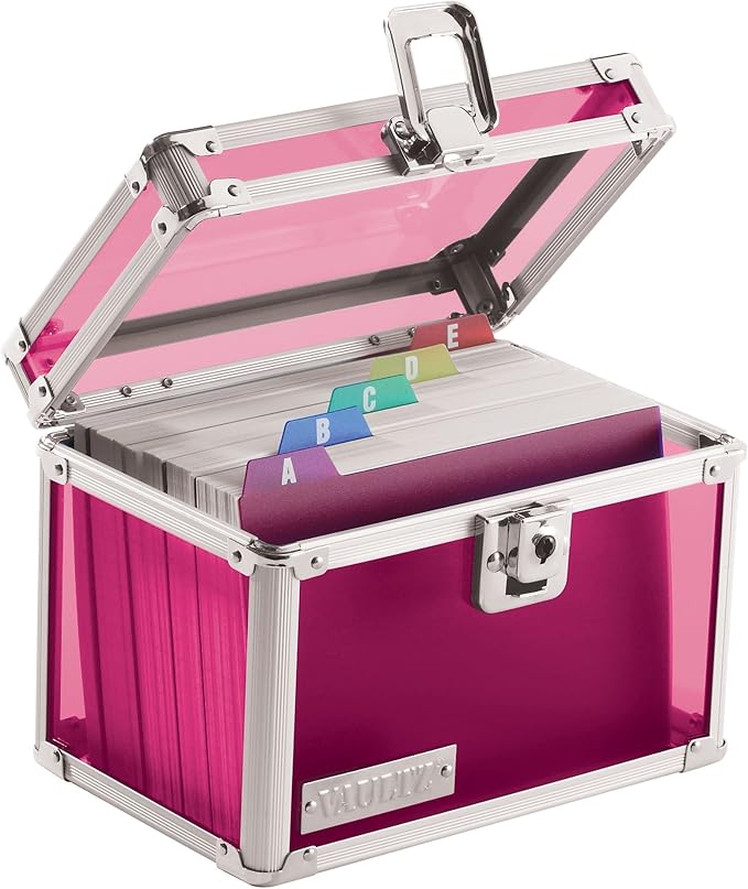 Vaultz Lockable Index Card Holder - Flash Card Organizer for Recipes, Passwords or Studying Holds 450 4x6 Notecards - Index Card Box Study Accessories, Pink Acrylic