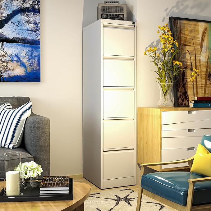 Reegangfa 5 Drawer File Cabinet with Lock, 18" D Metal Vertical Filing Cabinets, Steel File Storage Cabinets for Home Office, Hanging A4 Legal/Letter Size Narrow File Cabinet, Assembly Required