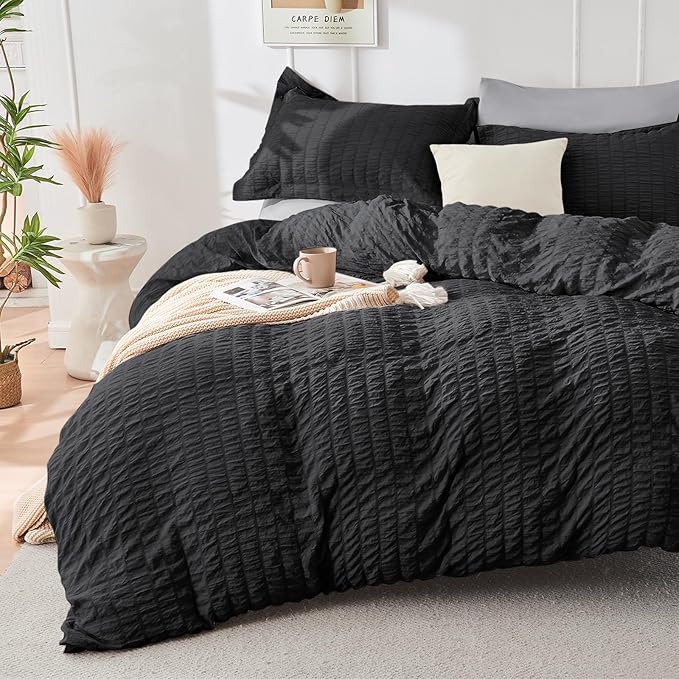 HYMOKEGE Black/Light Grey Duvet Cover Full Size, Ultra Soft 3-Piece Seersucker by HYMOKEGE