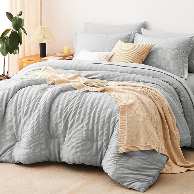 CozyLux Full Bed in a Bag Light Grey Seersucker Textured Comforter Set by CozyLux
