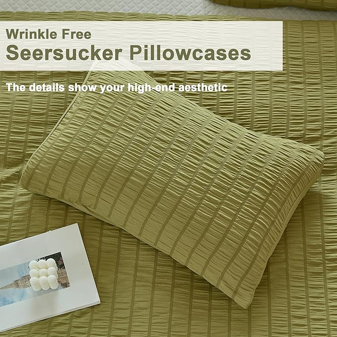 AveLom Olive Green Seersucker Duvet Cover Set King Size, 3 Pieces, Ultra Soft - Image 6