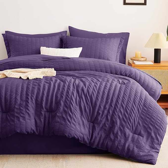 CozyLux Queen Comforter Set Purple Seersucker 7 Pieces Bed in a Bag Queen - Image 9