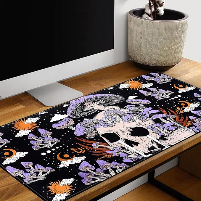 Black Mouse Pad Mushroom Desk Pad Skull Skeleton Purple Pc Laptop Office Keyboard Mouse Pads, Large Gaming Setup Office Extra Large Deskmat Laptop Mousepad 31.5x15.8 in-with Stitched Eges