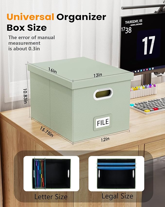 Oterri File Organizer Box,Filing Box with Lid,File Box for Letter/Legal File Folder Storage, Portable Hanging File Box for Office/Decor/Home,1 Pack, Grey-green(Leather),Box only, AM03118