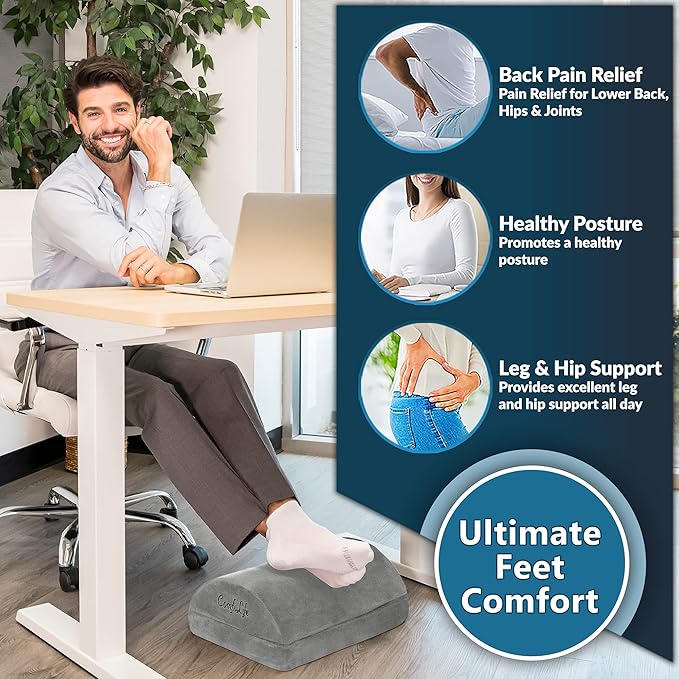 ComfiLife Foot Rest for Under Desk at Work – Adjustable Height Memory Foam Foot Stool for Under Desk, Office Chair & Gaming Chair – Ergonomic Footrest for Back & Hip Pain Relief (Gray)
