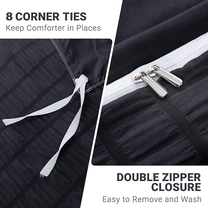 HYMOKEGE Black Duvet Cover King Size, Ultra Soft 3-Piece Seersucker Duvet Cover - Image 5